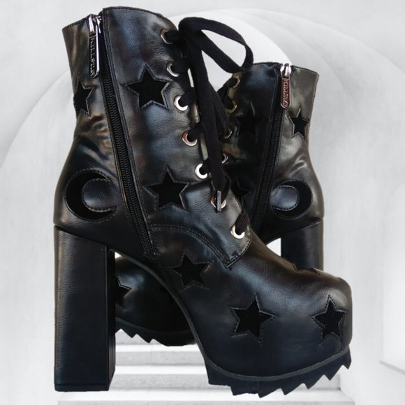 KILLSTAR 7 BLACK PLATFORM ANKLE BOOTS STARGAZER CRESCENT MOON STARS goth - Picture 10 of 15